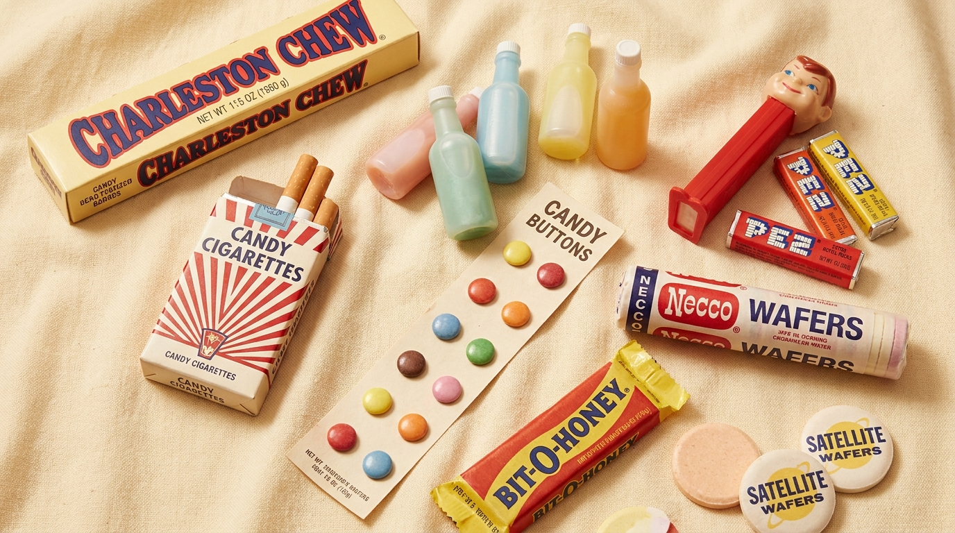 Charleston Chew, candy buttons, PEZ, Necco wafers and Bit-O-Honey laid out on cloth